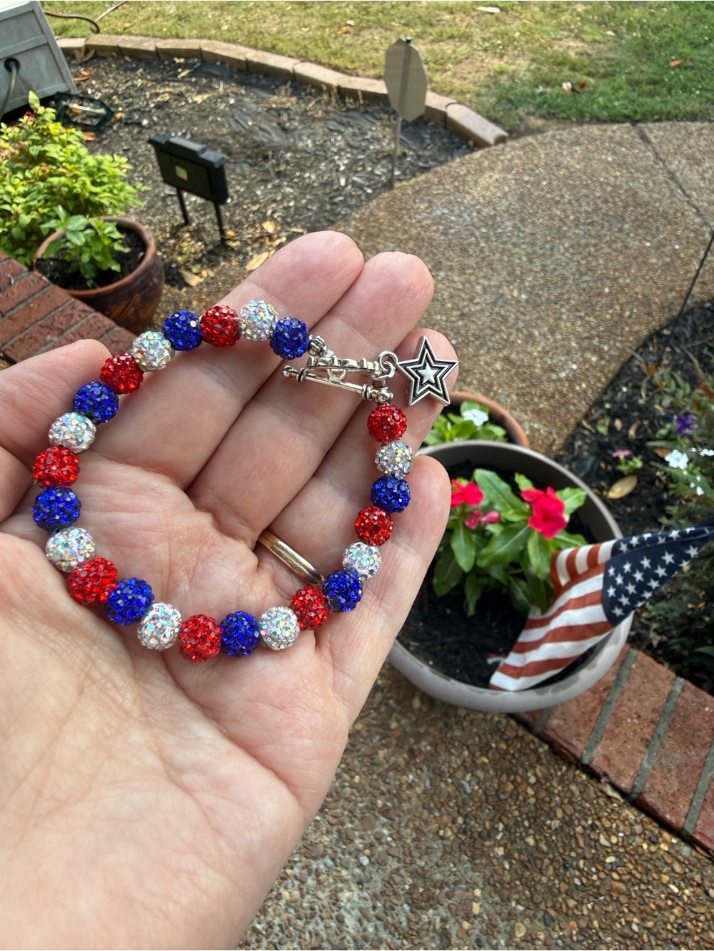 Artisan Crafted Patriotic Red White Blue Rhinestone USA Bracelet w/ Toggle Clasp